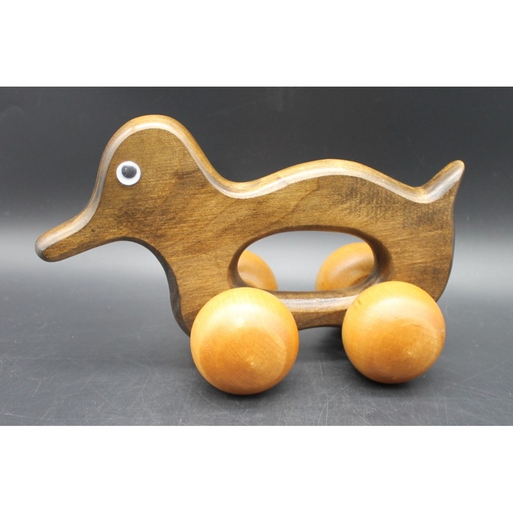 Vintage Wooden Duck Pull Toy on Wheels Handmade Folk Art Waldorf Style